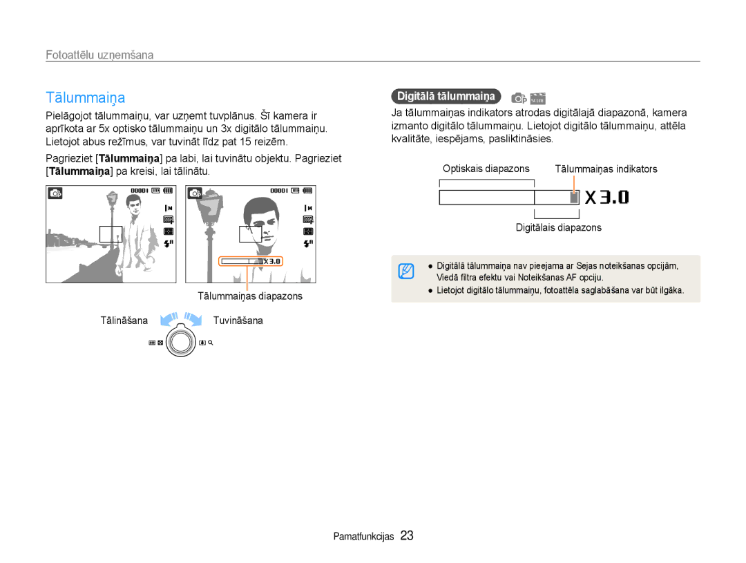 Samsung EC-ST65ZZBPRE2, EC-ST65ZZBPSE2 manual Tālummaiņa, Fotoattēlu uzņemšana, Digitālā tālummaiņa, Digitālais diapazons 