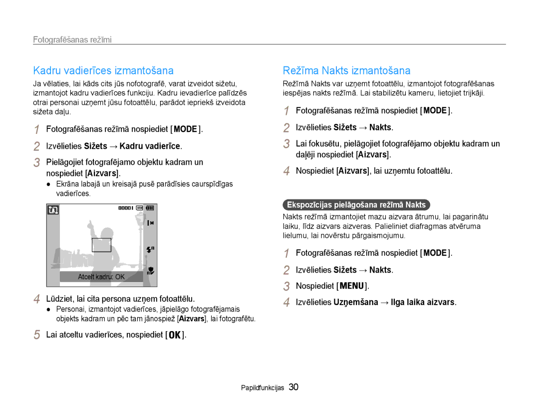 Samsung EC-ST65ZZBPSE2, EC-ST65ZZBPRE2, EC-ST65ZZBPUE2 manual Kadru vadierīces izmantošana, Režīma Nakts izmantošana 