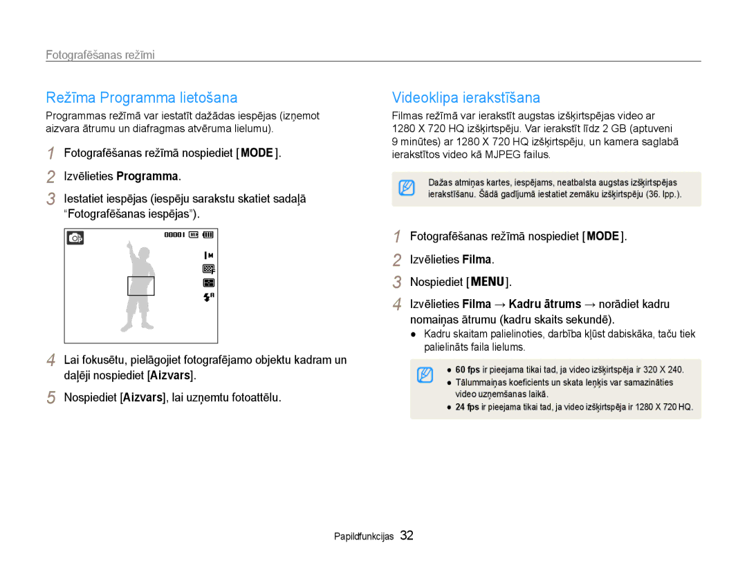 Samsung EC-ST65ZZBPRE2 manual Režīma Programma lietošana, Videoklipa ierakstīšana, Izvēlieties Programma, Izvēlieties Filma 