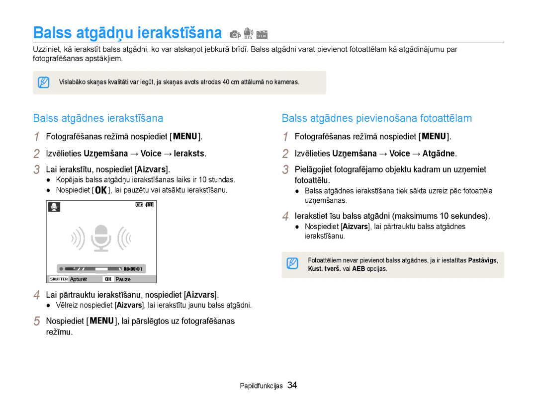 Samsung EC-ST65ZZBPUE2 Balss atgādņu ierakstīšana, Balss atgādnes ierakstīšana, Balss atgādnes pievienošana fotoattēlam 