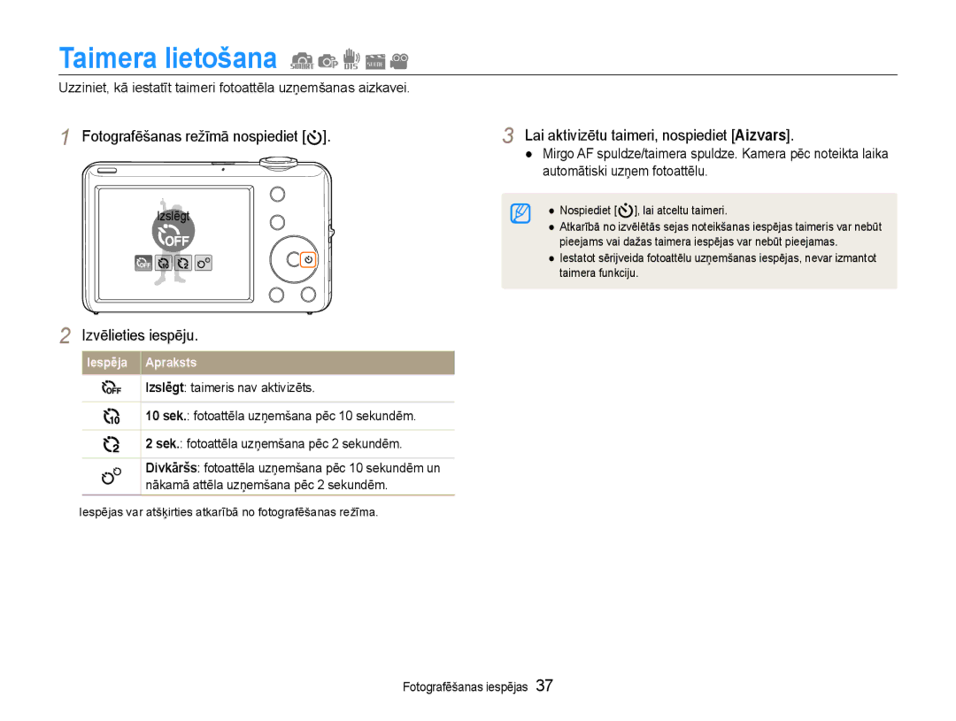 Samsung EC-ST65ZZBPUE2, EC-ST65ZZBPRE2, EC-ST65ZZBPSE2 manual Taimera lietošana, Lai aktivizētu taimeri, nospiediet Aizvars 