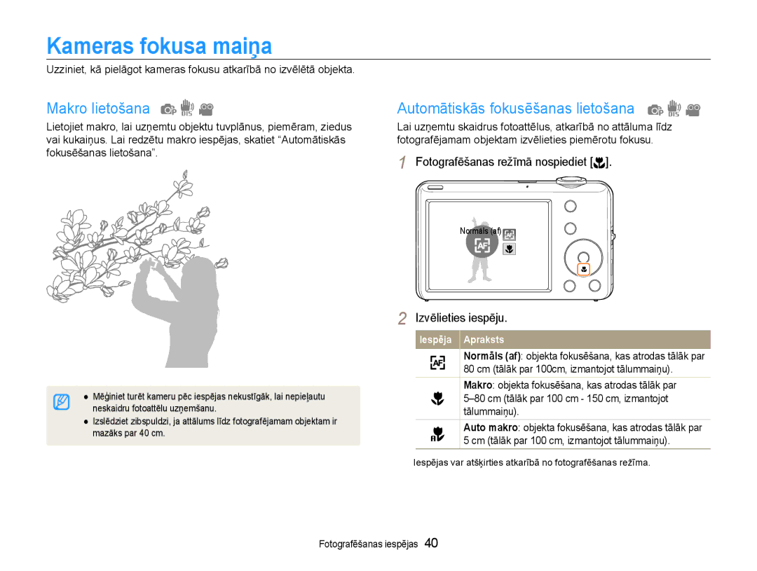 Samsung EC-ST65ZZBPUE2, EC-ST65ZZBPRE2 manual Kameras fokusa maiņa, Makro lietošana, Automātiskās fokusēšanas lietošana 