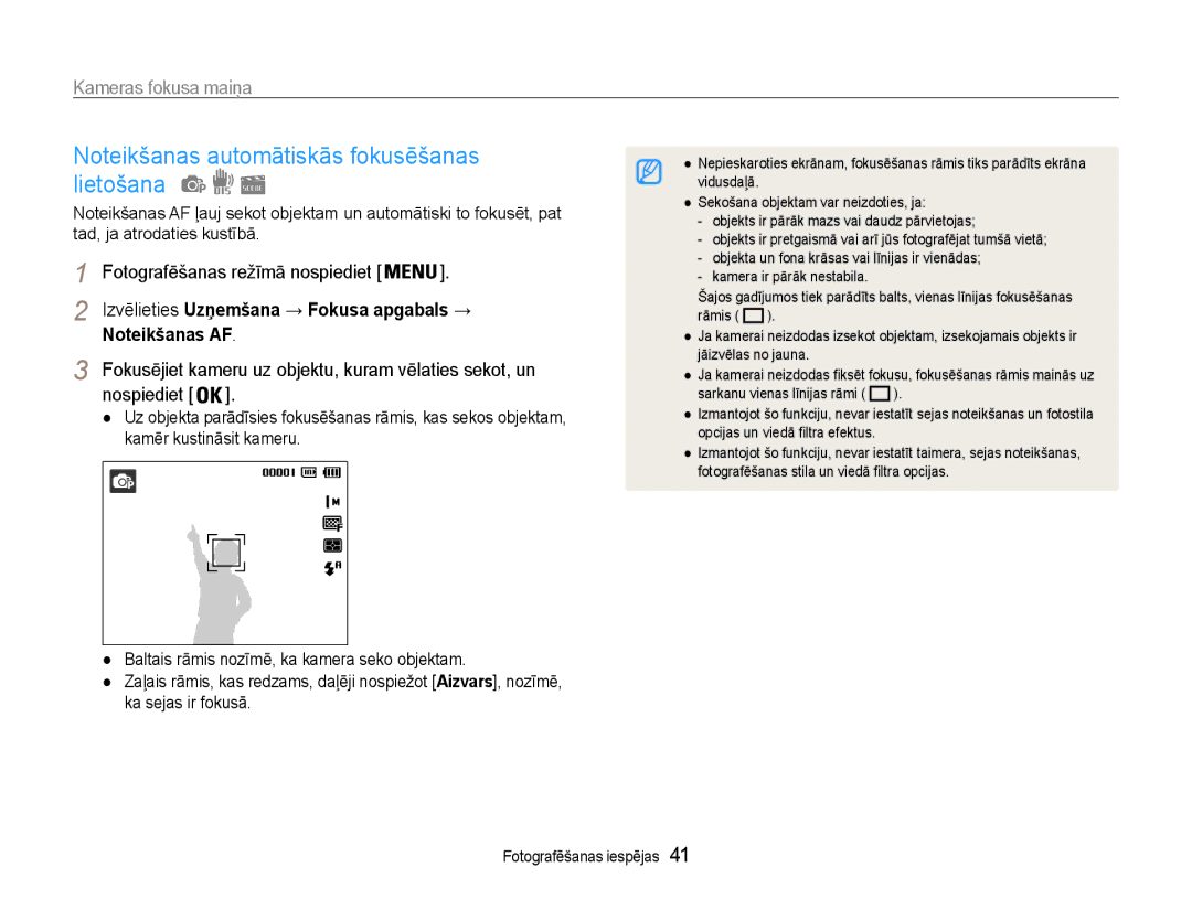 Samsung EC-ST65ZZBPRE2, EC-ST65ZZBPSE2, EC-ST65ZZBPUE2 manual Kameras fokusa maiņa, Izvēlieties Uzņemšana → Fokusa apgabals → 