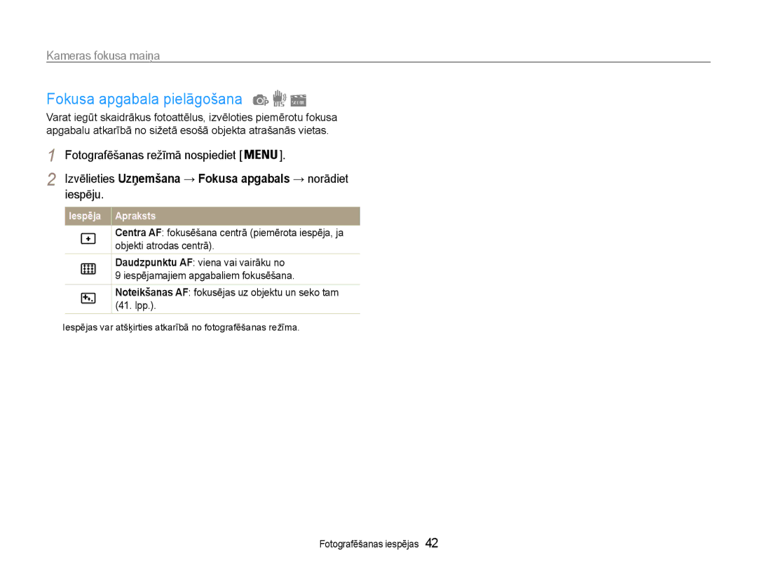 Samsung EC-ST65ZZBPSE2 manual Fokusa apgabala pielāgošana, Iespēju, Izvēlieties Uzņemšana → Fokusa apgabals → norādiet 