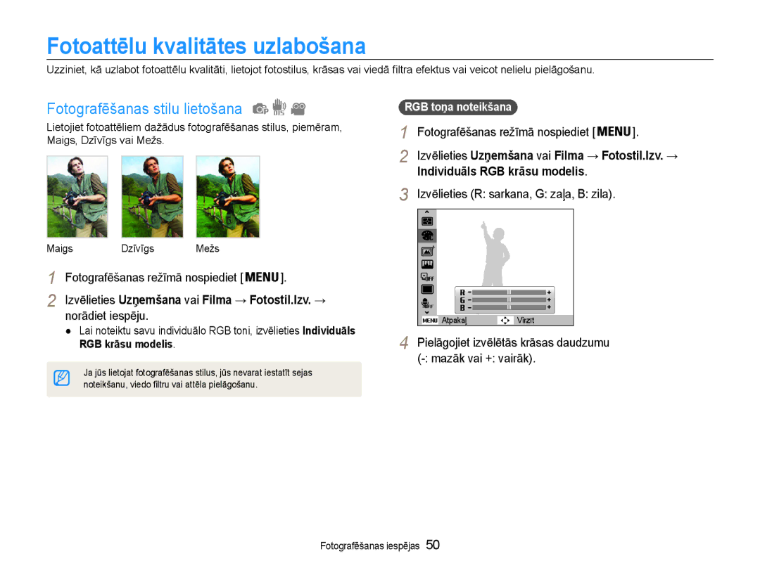 Samsung EC-ST65ZZBPRE2 Fotoattēlu kvalitātes uzlabošana, Fotografēšanas stilu lietošana, Individuāls RGB krāsu modelis 