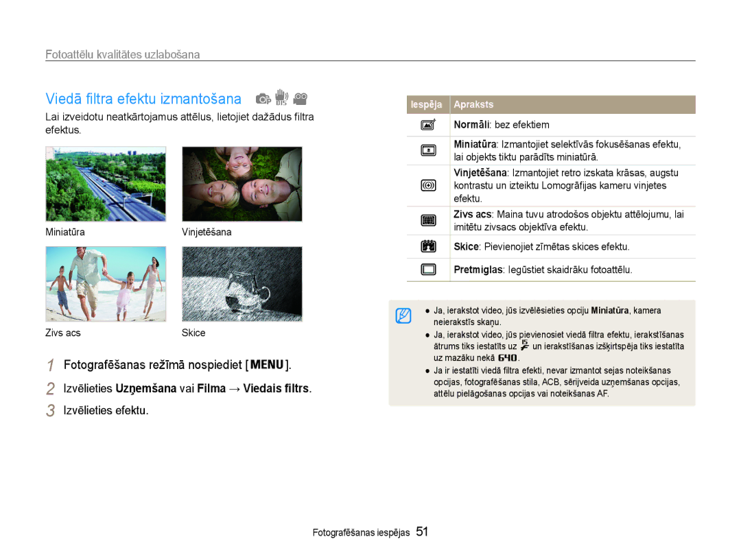 Samsung EC-ST65ZZBPSE2 manual Viedā filtra efektu izmantošana, Fotoattēlu kvalitātes uzlabošana, Izvēlieties efektu 