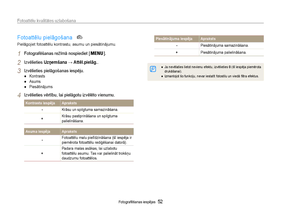 Samsung EC-ST65ZZBPUE2 Fotoattēlu pielāgošana, Izvēlieties Uzņemšana → Attēl.pielāg, Izvēlieties pielāgošanas iespēju 