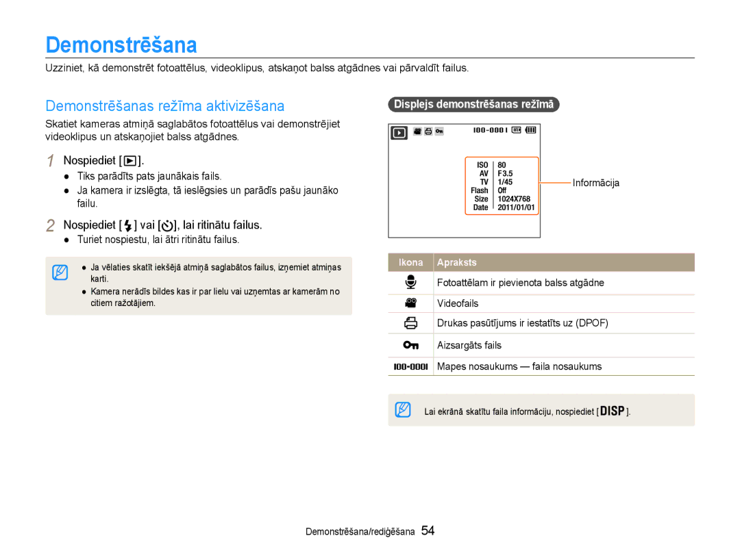 Samsung EC-ST65ZZBPSE2, EC-ST65ZZBPRE2 manual Demonstrēšanas režīma aktivizēšana, Nospiediet vai , lai ritinātu failus 