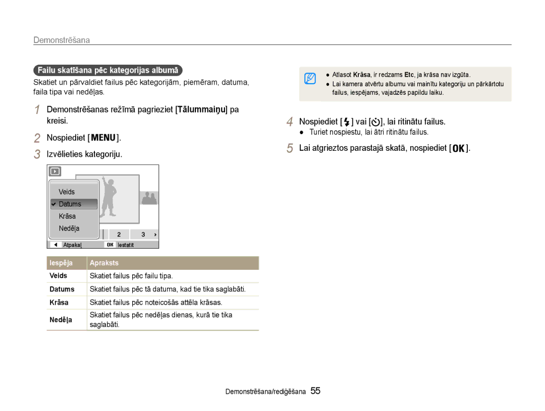 Samsung EC-ST65ZZBPUE2, EC-ST65ZZBPRE2, EC-ST65ZZBPSE2 manual Demonstrēšana, Failu skatīšana pēc kategorijas albumā 