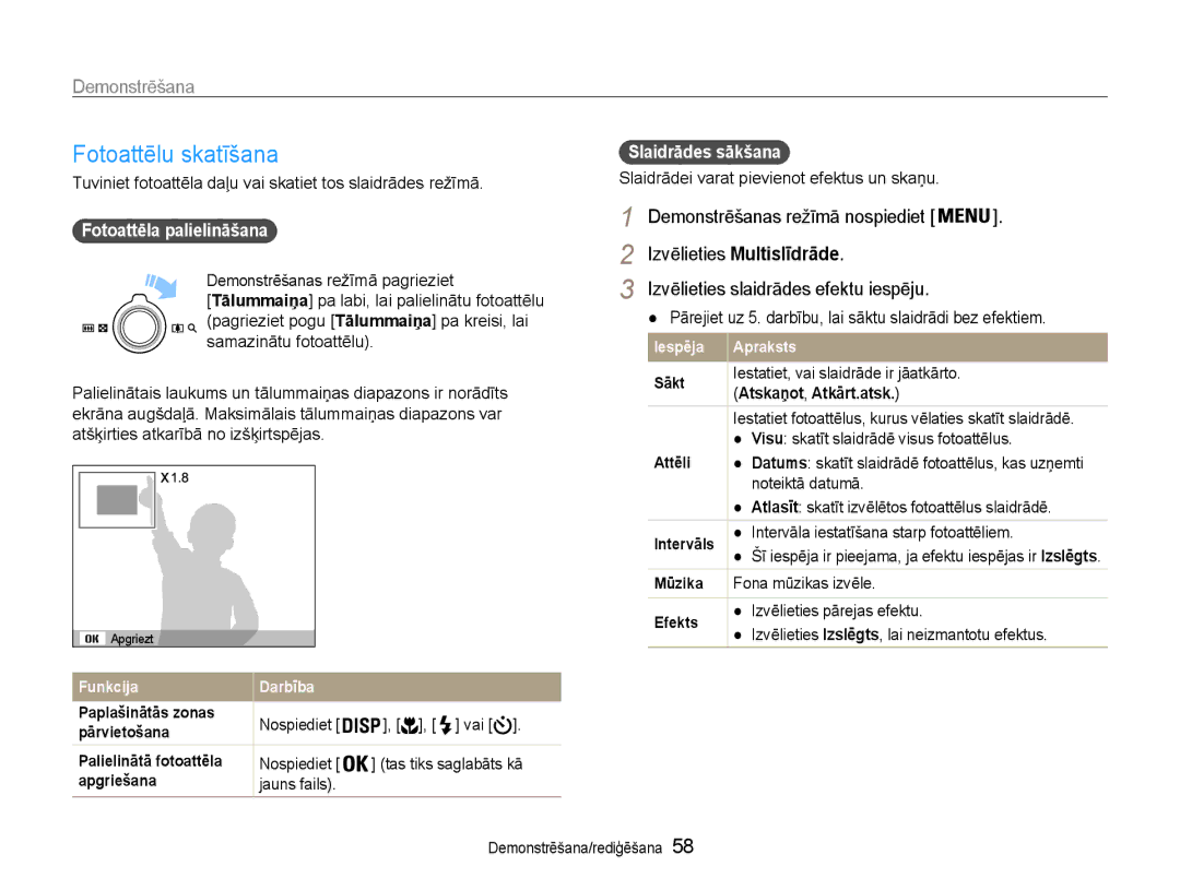 Samsung EC-ST65ZZBPUE2 manual Izvēlieties Multislīdrāde, Tuviniet fotoattēla daļu vai skatiet tos slaidrādes režīmā 