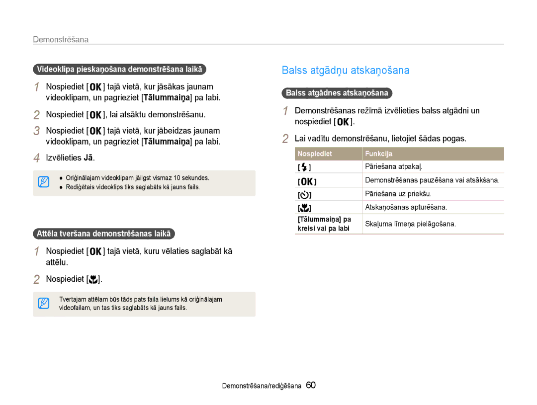 Samsung EC-ST65ZZBPSE2, EC-ST65ZZBPRE2 Balss atgādņu atskaņošana, Nospiediet Lai atsāktu demonstrēšanu, Izvēlieties Jā 