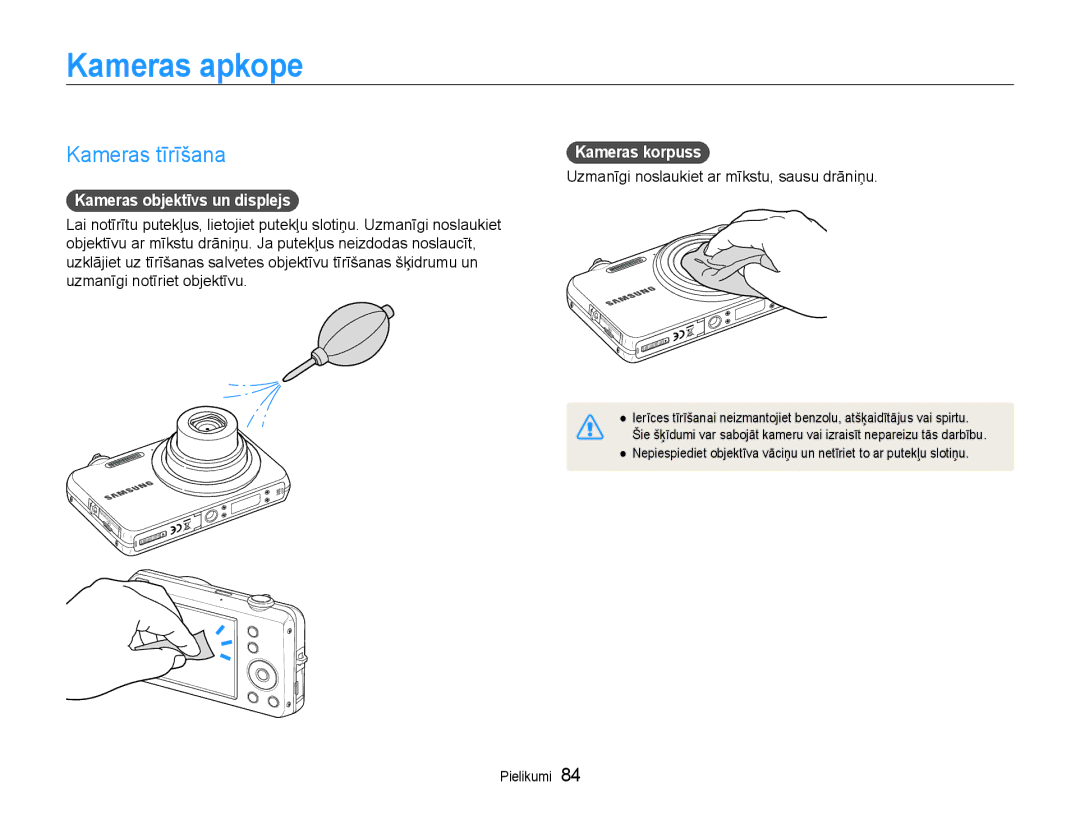 Samsung EC-ST65ZZBPSE2, EC-ST65ZZBPRE2 Kameras apkope, Kameras tīrīšana, Kameras objektīvs un displejs, Kameras korpuss 