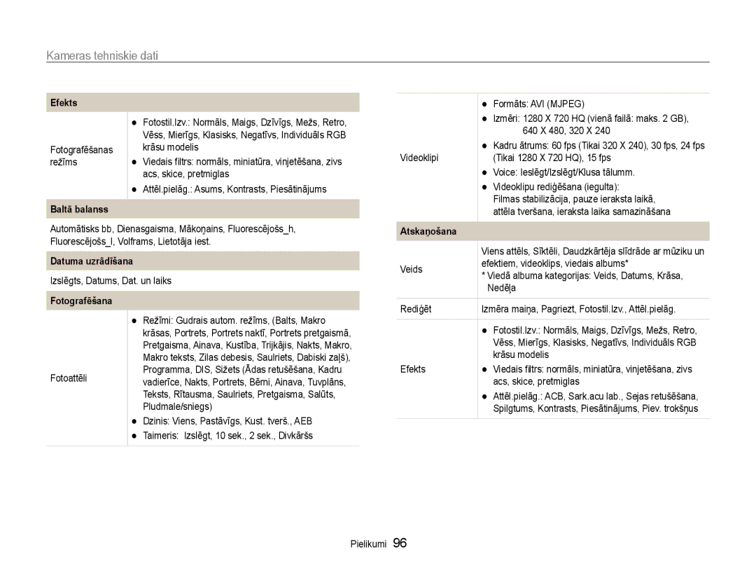 Samsung EC-ST65ZZBPSE2, EC-ST65ZZBPRE2 manual Kameras tehniskie dati, Baltā balanss, Datuma uzrādīšana, Atskaņošana 