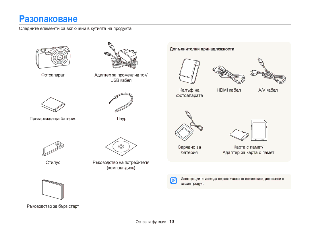 Samsung EC-ST65ZZBPBE3, EC-ST65ZZBPRE3, EC-ST65ZZBPSE3, EC-ST6500BPBE3 manual Разопаковане, Допълнителни принадлежности 