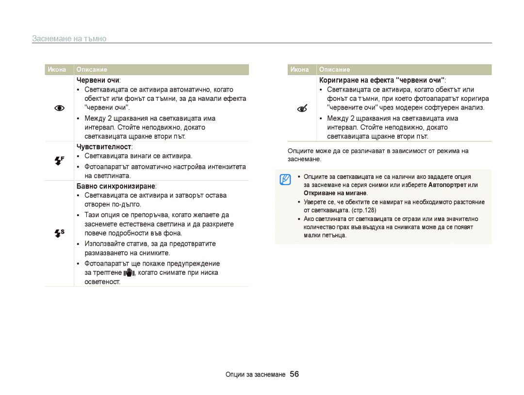 Samsung EC-ST65ZZBPSE3, EC-ST65ZZBPRE3 manual Заснемане на тъмно, Червени очи, Чувствителност, Бавно синхронизиране 
