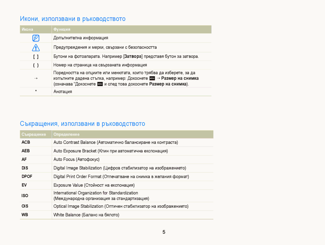 Samsung EC-ST65ZZBPBE3 Икони, използвани в ръководството, Съкращения, използвани в ръководството, Допълнителна информация 
