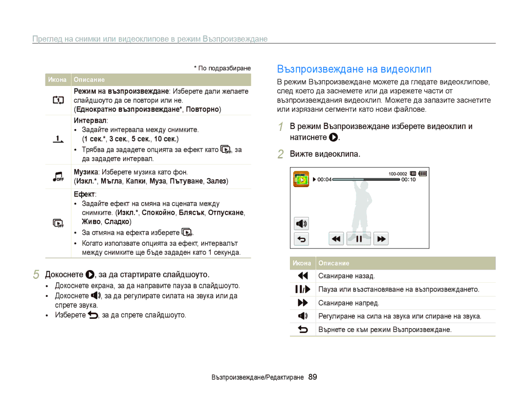 Samsung EC-ST65ZZBPBE3 manual Възпроизвеждане на видеоклип, Докоснете , за да стартирате слайдшоуто, Сканиране назад 