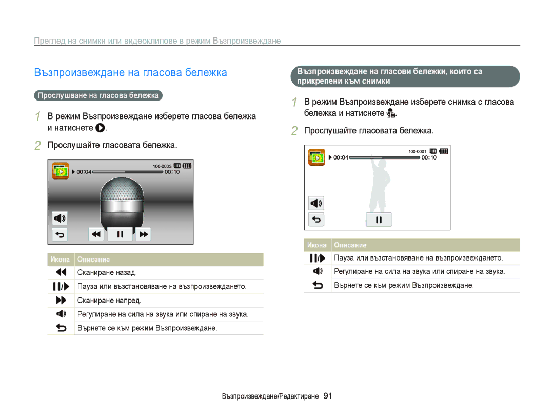 Samsung EC-ST65ZZBPRE3, EC-ST65ZZBPSE3 Възпроизвеждане на гласова бележка, Прослушване на гласова бележка, Сканиране назад 