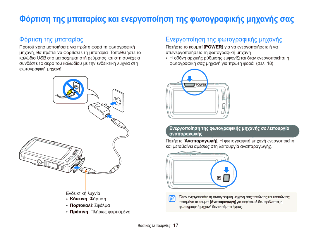 Samsung EC-ST6500BPBE3 Φόρτιση της μπαταρίας, Ενεργοποίηση της φωτογραφικής μηχανής, Ενδεικτική λυχνία Κόκκινη Φόρτιση 