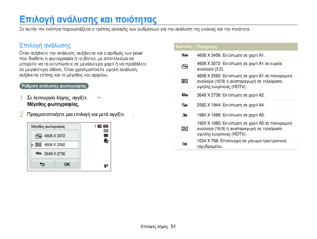 Samsung EC-ST65ZZBPBE3 manual Επιλογή ανάλυσης και ποιότητας, Σε λειτουργία λήψης, αγγίξτε m “ Μέγεθος φωτογραφίας 