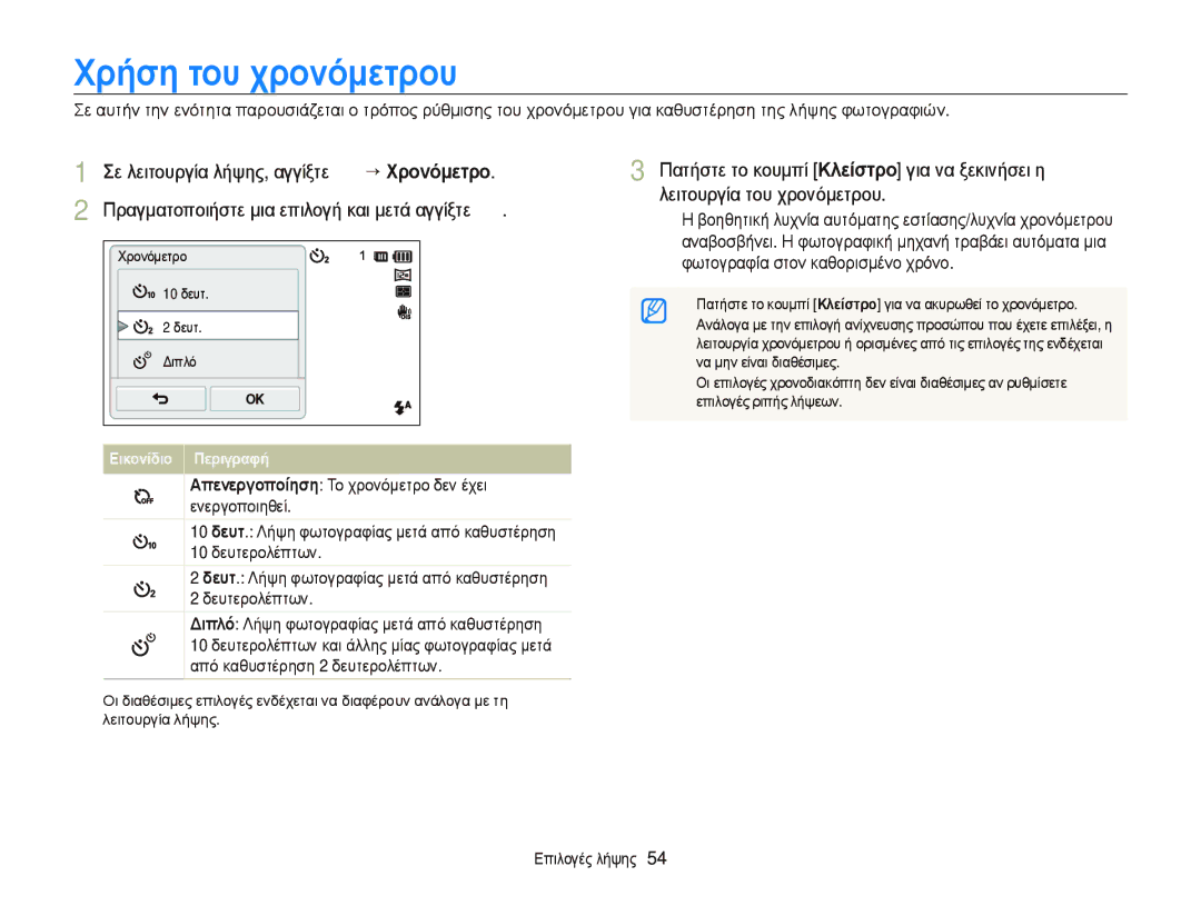 Samsung EC-ST65ZZBPRE3, EC-ST65ZZBPSE3 manual Χρήση του χρονόμετρου, Να μην είναι διαθέσιμες, Επιλογές ριπής λήψεων 