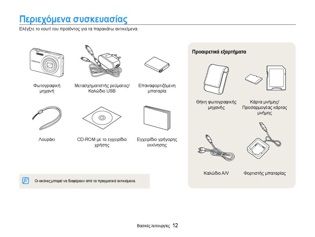 Samsung EC-ST65ZZBPSE3, EC-ST65ZZBPRE3 manual Περιεχόμενα συσκευασίας, Προαιρετικά εξαρτήματα, Λουράκι, Καλώδιο A/V 