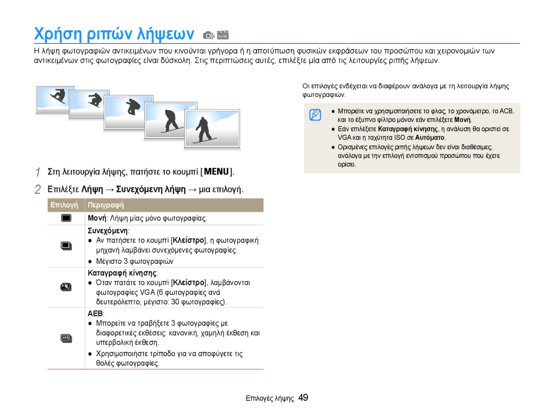 Samsung EC-ST65ZZBPBE3 manual Χρήση ριπών λήψεων, Μονή Λήψη μίας μόνο φωτογραφίας, Συνεχόμενη, Μέγιστο 3 φωτογραφιών 