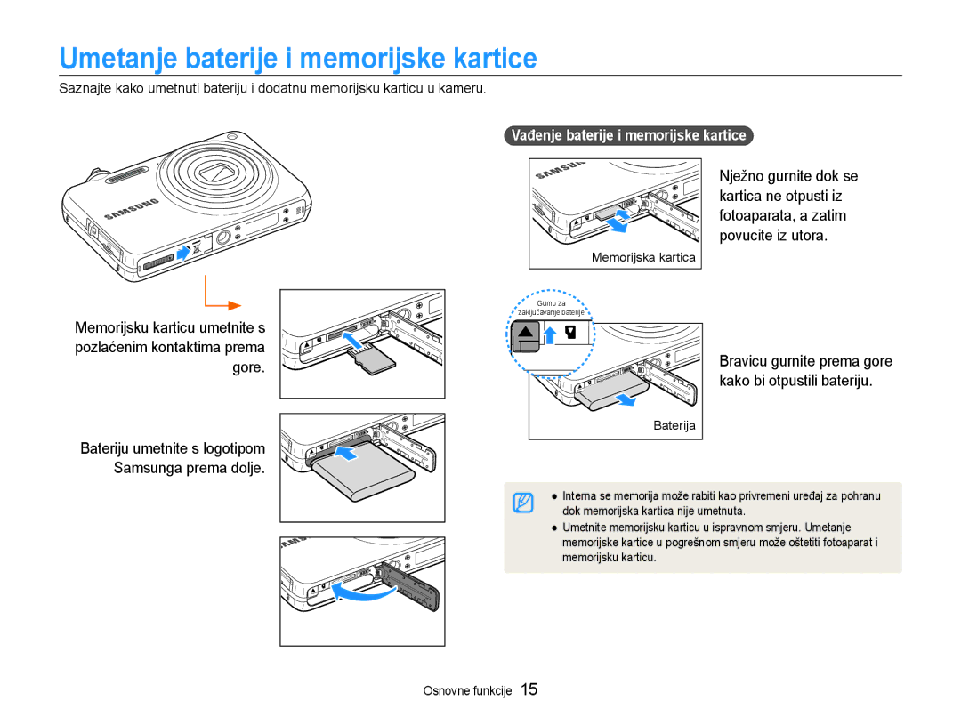 Samsung EC-ST65ZZBPRE3, EC-ST65ZZBPSE3 manual Umetanje baterije i memorijske kartice, Vađenje baterije i memorijske kartice 