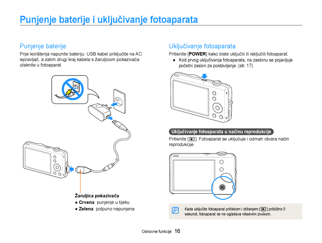 Samsung EC-ST65ZZBPSE3 manual Punjenje baterije i uključivanje fotoaparata, Uključivanje fotoaparata, Žaruljica pokazivača 