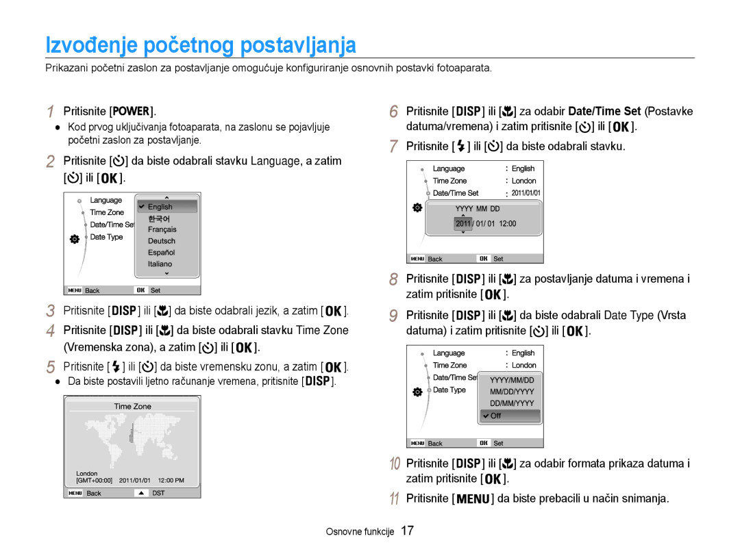 Samsung EC-ST65ZZBPBE3, EC-ST65ZZBPRE3 Izvođenje početnog postavljanja, Ili Pritisnite, Zatim pritisnite Pritisnite 