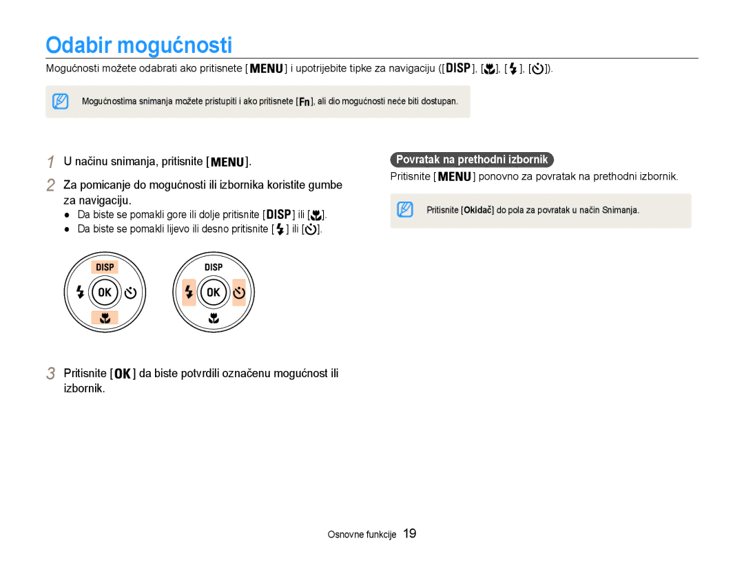 Samsung EC-ST65ZZBPRE3, EC-ST65ZZBPSE3 manual Odabir mogućnosti, Za navigaciju, Izbornik, Povratak na prethodni izbornik 