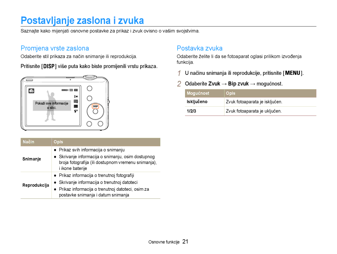 Samsung EC-ST65ZZBPBE3, EC-ST65ZZBPRE3, EC-ST65ZZBPSE3 Postavljanje zaslona i zvuka, Promjena vrste zaslona, Postavka zvuka 