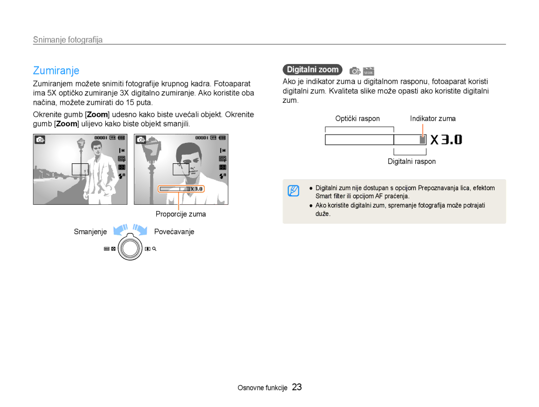 Samsung EC-ST65ZZBPRE3, EC-ST65ZZBPSE3, EC-ST65ZZBPBE3 Zumiranje, Snimanje fotografija, Digitalni zoom, Digitalni raspon 