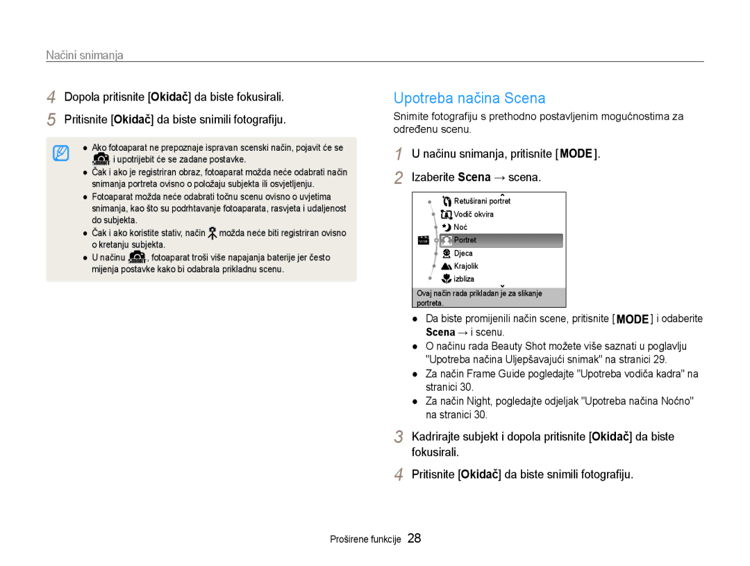 Samsung EC-ST65ZZBPSE3, EC-ST65ZZBPRE3, EC-ST65ZZBPBE3 manual Upotreba načina Scena, Načini snimanja, Izaberite Scena → scena 