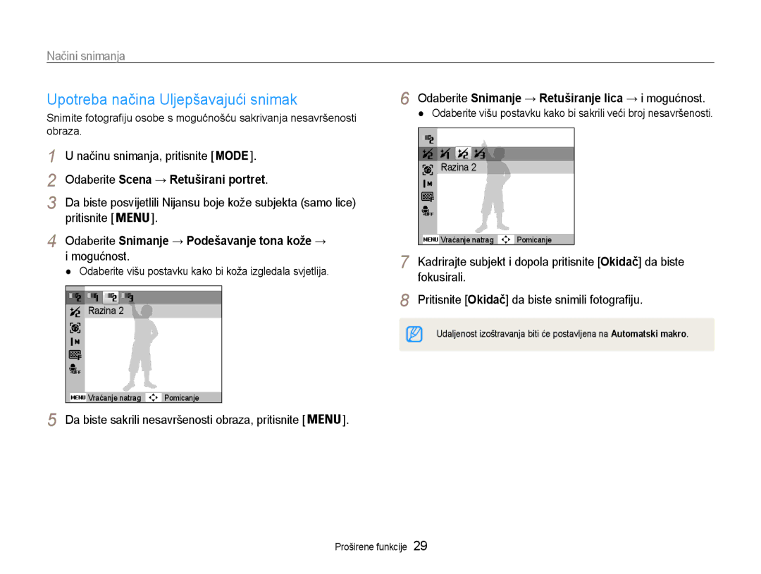 Samsung EC-ST65ZZBPBE3 manual Upotreba načina Uljepšavajući snimak, Odaberite Scena → Retuširani portret, Mogućnost 