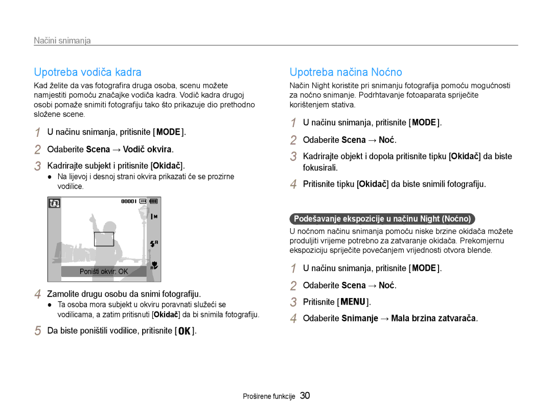 Samsung EC-ST65ZZBPUE3, EC-ST65ZZBPRE3, EC-ST65ZZBPSE3, EC-ST65ZZBPBE3 manual Upotreba vodiča kadra, Upotreba načina Noćno 