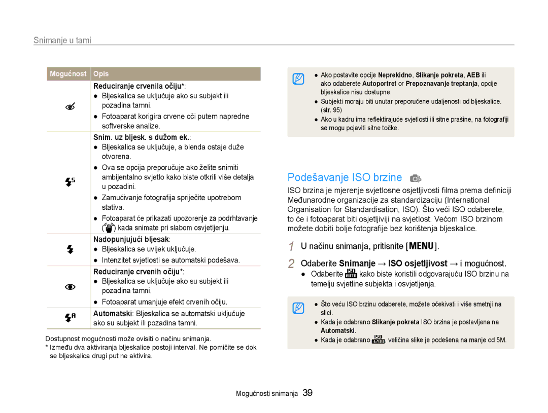 Samsung EC-ST65ZZBPRE3 manual Podešavanje ISO brzine, Snimanje u tami, Snim. uz bljesk. s dužom ek, Nadopunjujući bljesak 