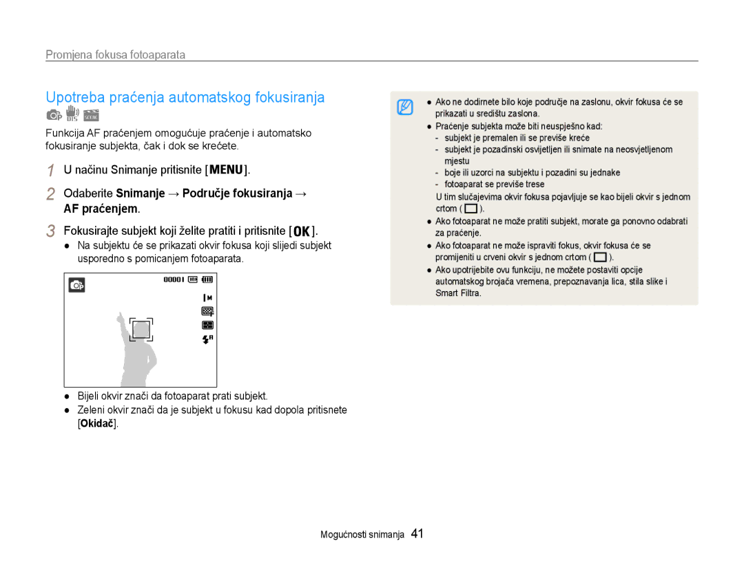 Samsung EC-ST65ZZBPBE3 manual Upotreba praćenja automatskog fokusiranja, Promjena fokusa fotoaparata, AF praćenjem 