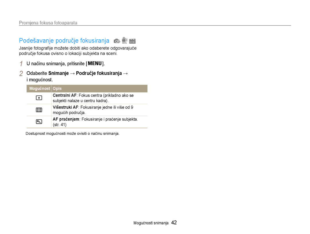 Samsung EC-ST65ZZBPUE3 manual Podešavanje područje fokusiranja, Odaberite Snimanje → Područje fokusiranja → i mogućnost 