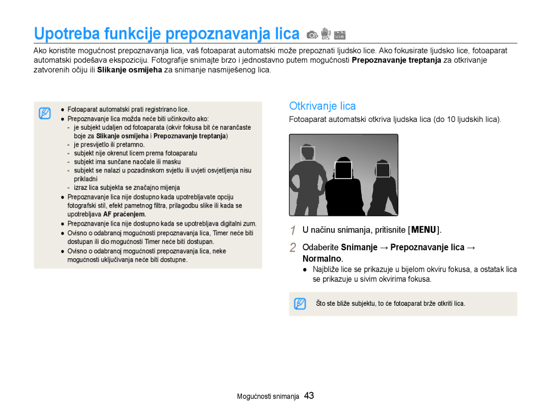 Samsung EC-ST65ZZBPRE3, EC-ST65ZZBPSE3, EC-ST65ZZBPBE3 manual Upotreba funkcije prepoznavanja lica, Otkrivanje lica, Normalno 