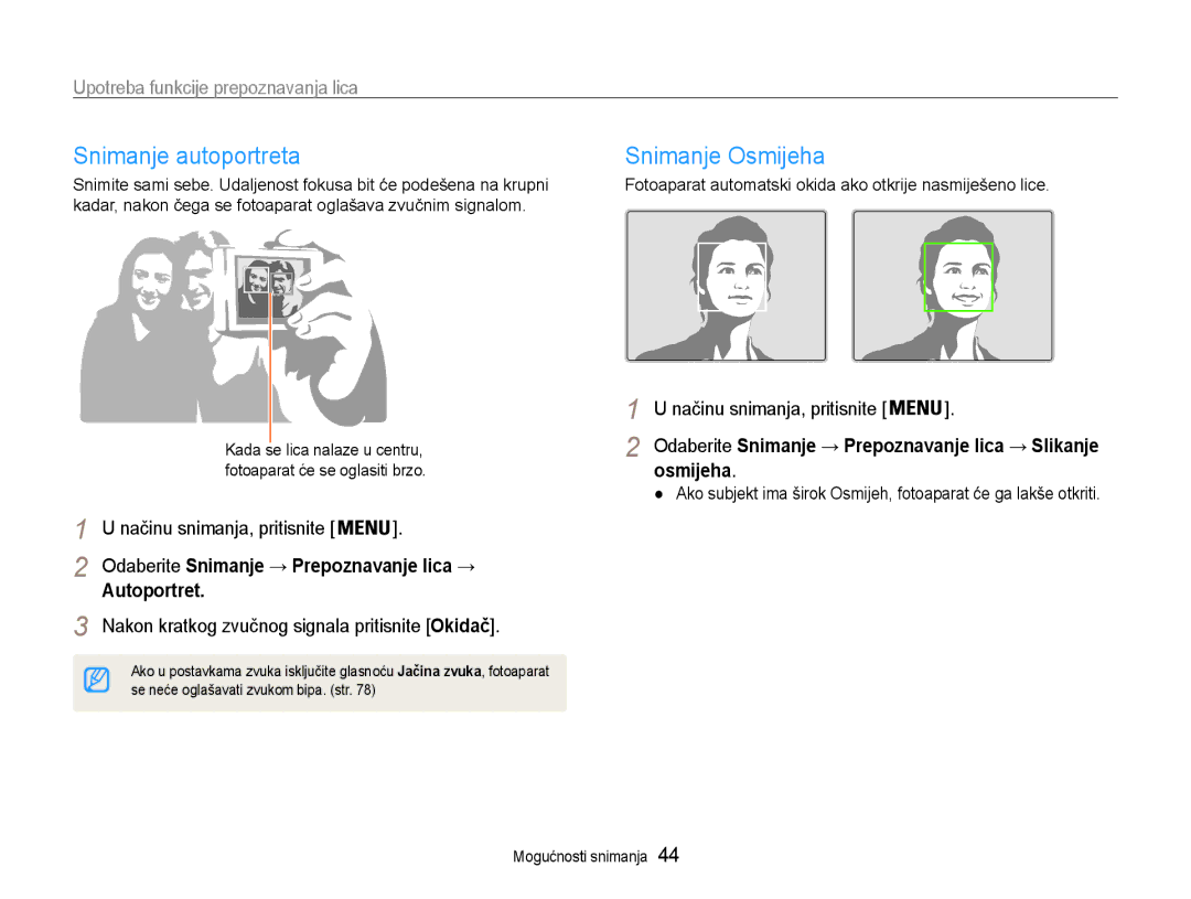 Samsung EC-ST65ZZBPSE3 manual Snimanje autoportreta, Snimanje Osmijeha, Upotreba funkcije prepoznavanja lica, Autoportret 