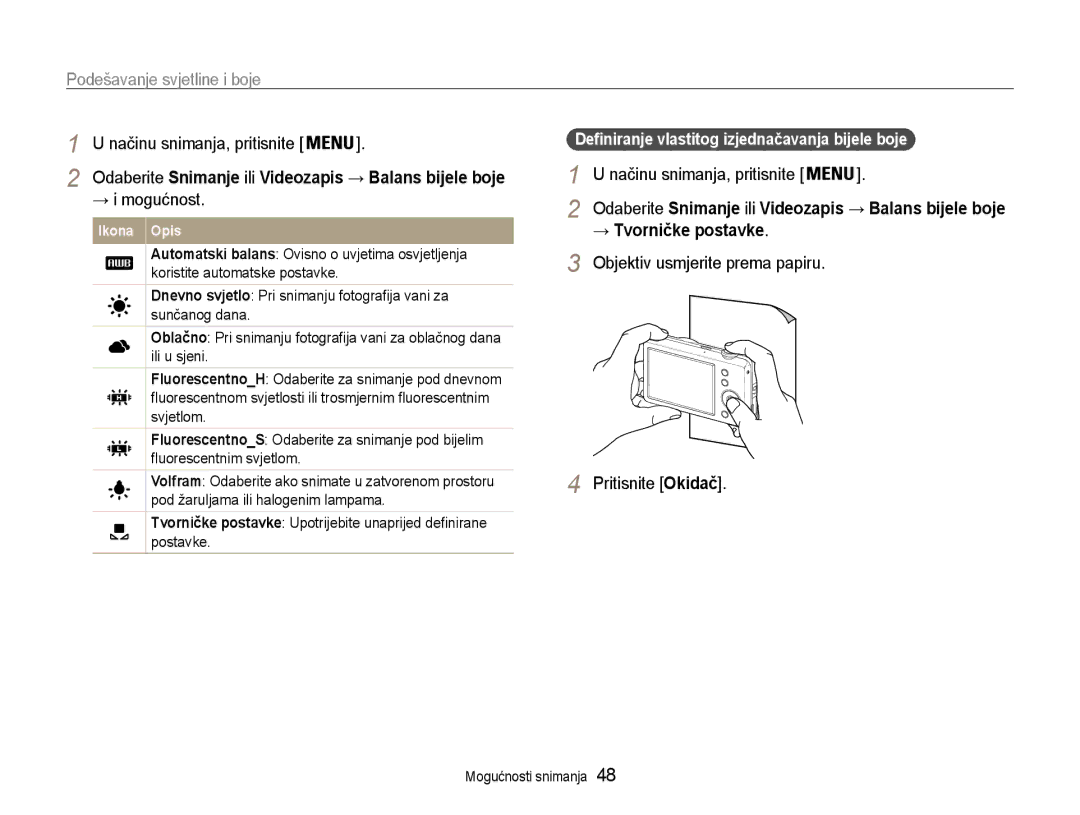 Samsung EC-ST65ZZBPSE3 manual → i mogućnost, → Tvorničke postavke, Objektiv usmjerite prema papiru Pritisnite Okidač 