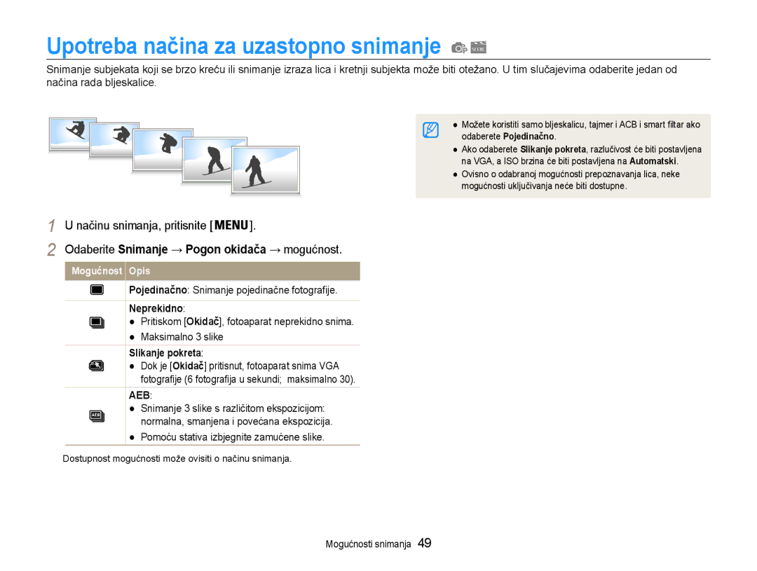 Samsung EC-ST65ZZBPBE3 Upotreba načina za uzastopno snimanje, Pojedinačno Snimanje pojedinačne fotografije, Neprekidno 