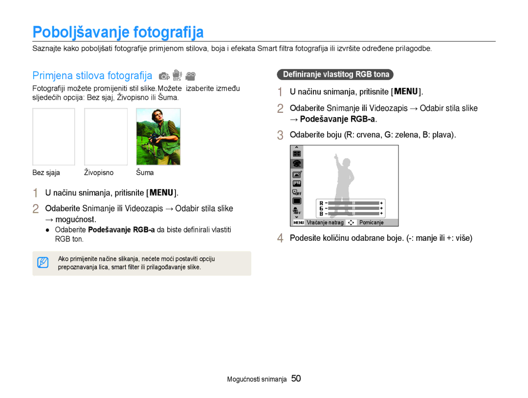 Samsung EC-ST65ZZBPUE3, EC-ST65ZZBPRE3 manual Poboljšavanje fotografija, Primjena stilova fotografija, → Podešavanje RGB-a 