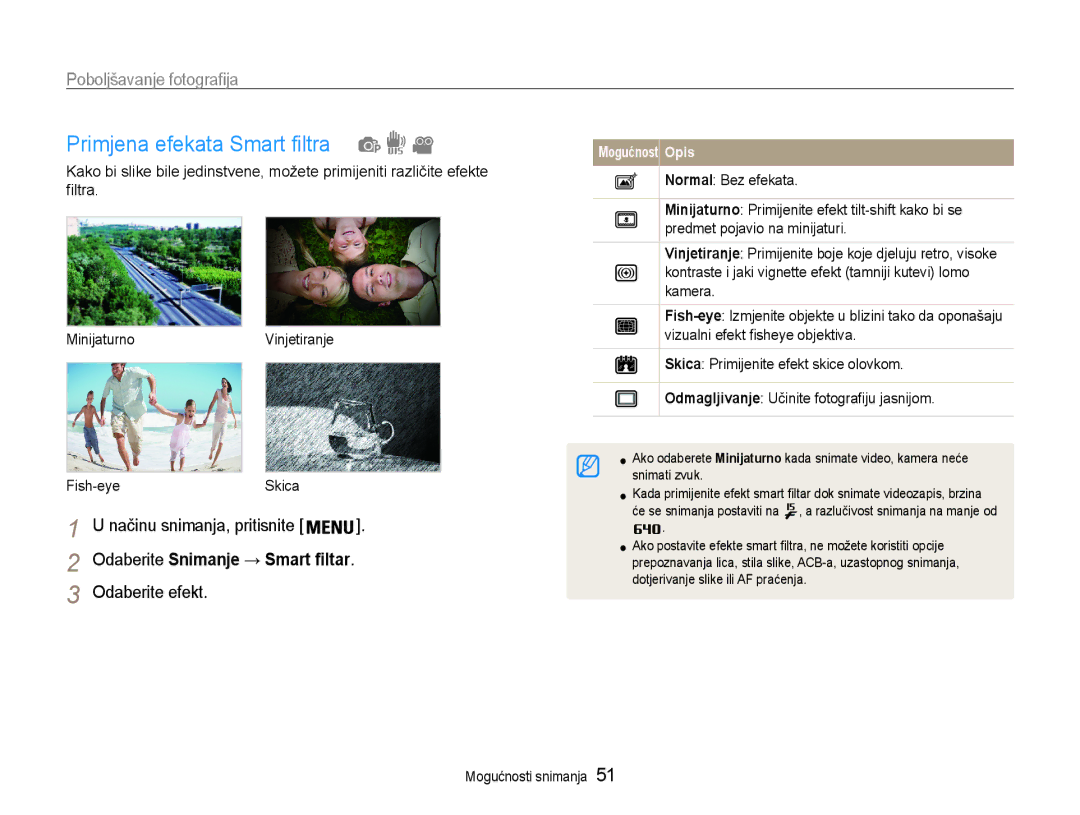 Samsung EC-ST65ZZBPRE3, EC-ST65ZZBPSE3 manual Primjena efekata Smart filtra, Poboljšavanje fotografija, Odaberite efekt 