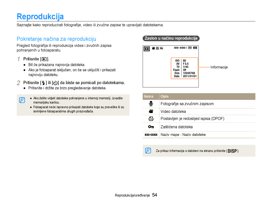 Samsung EC-ST65ZZBPUE3 Reprodukcija, Pokretanje načina za reprodukciju, Pritisnite ili da biste se pomicali po datotekama 