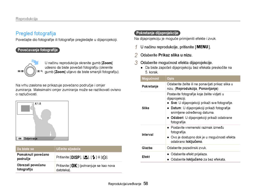 Samsung EC-ST65ZZBPUE3 manual Odaberite Prikaz slika u nizu, Povećavanje fotografije, Nizu. Reprodukcija , Ponavljanje 