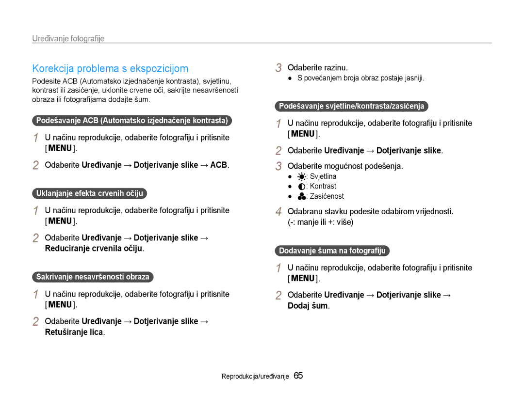 Samsung EC-ST65ZZBPBE3, EC-ST65ZZBPRE3 Korekcija problema s ekspozicijom, Odaberite Uređivanje → Dotjerivanje slike → ACB 