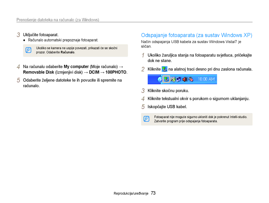 Samsung EC-ST65ZZBPBE3, EC-ST65ZZBPRE3, EC-ST65ZZBPSE3 Odspajanje fotoaparata za sustav Windows XP, Iskopčajte USB kabel 