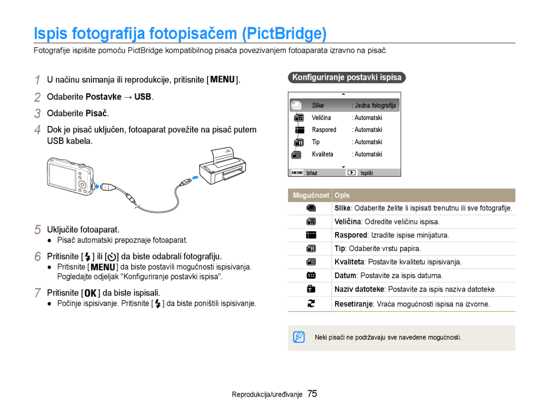 Samsung EC-ST65ZZBPRE3, EC-ST65ZZBPSE3 Ispis fotografija fotopisačem PictBridge, Odaberite Postavke → USB Odaberite Pisač 